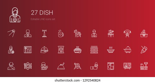 dish icons set. Collection of dish with meal, news reporter, lander, dinner, plate, soup, dinnerware, pie, cat food, cutlery, sauce, food and restaurant. Editable and scalable dish icons.