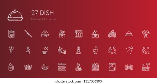 dish icons set. Collection of dish with meal, restaurant, news reporter, dishes, soup, dinner, mug, dishwashing, satellite dish, antenna, setting the table. Editable and scalable icons.