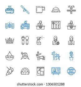 dish icons set. Collection of dish with news report, meal, pie, food and restaurant, pot, setting the table, lander, news reporter, tools and utensils. Editable and scalable dish icons.