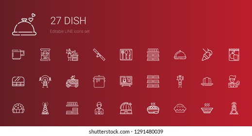 dish icons set. Collection of dish with pie, observatory, news reporter, dinnerware, antenna, chef, dishes, news report, pot, satellite dish. Editable and scalable dish icons.