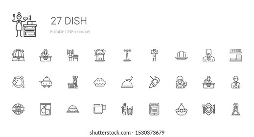 dish icons set. Collection of dish with pot, news report, tandoor, mug, pet food, meal, news reporter, food and restaurant, dinner, pie, antenna. Editable and scalable dish icons.