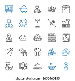 dish icons set. Collection of dish with pot, soup, dinner, plate, news reporter, news report, cutlery, food and restaurant, satellite, meal. Editable and scalable dish icons.