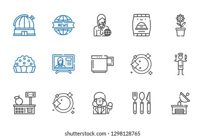 dish icons set. Collection of dish with satellite dish, cutlery, news reporter, dishwashing, tools and utensils, chef, plate, mug, news report. Editable and scalable icons.