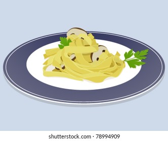 Dish isolated of pasta tagliatelle on blue background with mushrooms and parsley