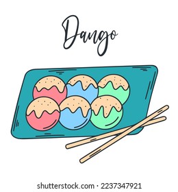 Dish of Japanese cuisine dango clip art. Asian food vector illustration. Dessert sweet dumplings with sauce