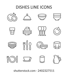 Dish line icon set. Vector collection of household utensils with plate, bowl, cup, glass, wineglass, fork, spoon, knife. 