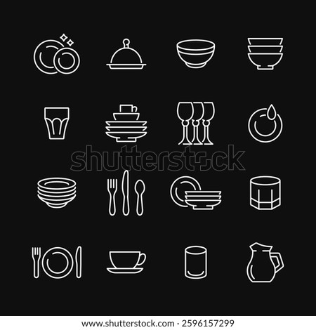 Dish line white icon set on black background. Vector collection of household utensils with plate, bowl, cup, glass, wineglass, fork, spoon, knife. Editable stroke.