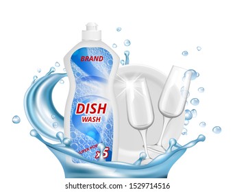 Dish liquid detergent. Water splashes, glasses, white plate vector illustration