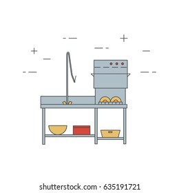 Dish machine isolated line icon. Commercial dishwasher vector concept.