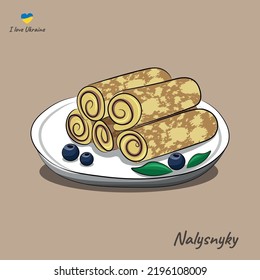 A dish of national Ukrainian cuisine, nalysnyky, pancakes with curd filling on a white plate, a flat vector on a beige background