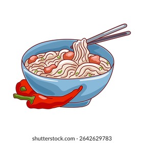 A dish with noodle soup, meat and chili pepper on white background. Asian food concept. Vector illustration.