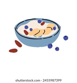 Plato de cereal de avena con bayas, almendras. Tazón de avena, granola con rodajas de frutas, nueces. Comida saludable para desayunar. Comida orgánica. Ilustración vectorial aislada plana sobre fondo blanco