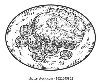 Dish is on plate. Fish steak with vegetables and herbs. Sketch scratch board imitation.