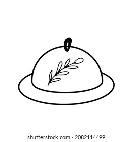 Dish en una bandeja con tapa. Ilustración vectorial para impresión, fondos, cubiertas, embalaje, tarjetas de felicitación, carteles, pegatinas, textiles, diseño estacional. Aislado sobre fondo blanco.