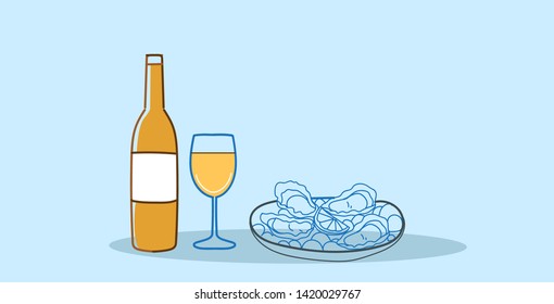 dish of open fresh oysters with lemon and white wine sketch doodle hand drawn horizontal