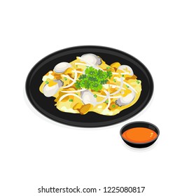 A dish of oyster omelette with sauce.