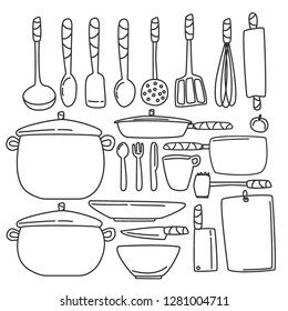 dish, pans and other kitchen stuff, vector linear collection