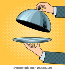 Dish plate with cloche pop art retro vector illustration. Color background. Comic book style imitation.