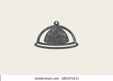 Dish plate with cloche silhouette hand drawn stamp effect vector illustration. Vintage grunge texture emblem for package and menu design or label decoration.