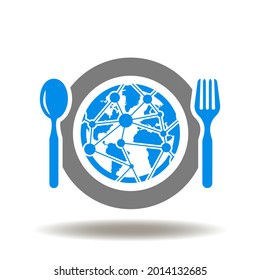 Dish Plate With Earth Planet Internet Network And Fork Spoon Vector Illustration. Netiquette Symbol. Web Communication Etiquette Icon.