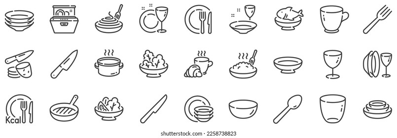 Dish plate, Food bowl and Cooking utensils set. Tableware line icons. Fork, spoon and knife cutlery line icons. Grill pan, dish washer and dish with pasta. Food plate, glass and tea cup. Vector