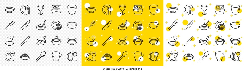 Plato, tazón de comida y utensilios de cocina. Iconos de línea de vajilla. Iconos de tenedor, cuchara y línea de cuchillos. Sartén a la parrilla, lavavajillas y plato con pasta. Plato de comida, vaso y taza de té. Vector