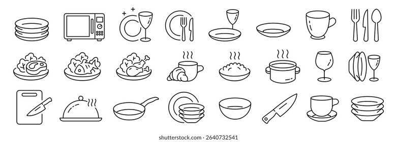 Dish plate, Food bowl and Cooking utensils icon set. Tableware line icons. Fork, spoon knife cutlery, rill pan, microwave oven and dish with salad fish, meat steak, chicken, food plate, glass tea cup.