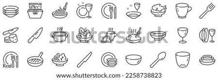 Dish plate, Food bowl and Cooking utensils set. Tableware line icons. Fork, spoon and knife cutlery line icons. Grill pan, dish washer and dish with pasta. Food plate, glass and tea cup. Vector Foto stock © 