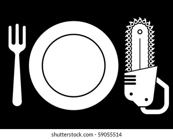 Dish with plate, fork and chainsaw - vector