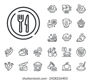 Dish plate with fork and knife sign. Crepe, sweet popcorn and salad outline icons. Food line icon. Eat at restaurant symbol. Food line sign. Pasta spaghetti, fresh juice icon. Supply chain. Vector