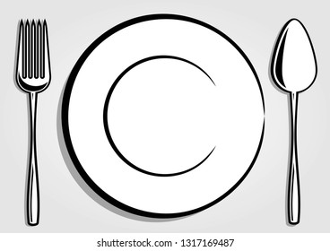 Dish plate, Fork and Spoon isolated on white background. Vector illustration