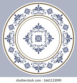 Dish plate with pattern in vintage design. Vector illustration.