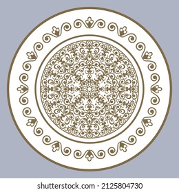 Dish plate with pattern in vintage design. Vector illustration.