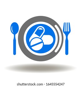 Dish plate pills spoon fork icon vector. Vitamins or antibiotics eat illustration. Food menu drugs logo. Medicament nutrition supplement sign.