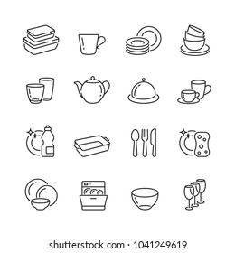 Dish and plates related icons: thin vector icon set, black and white kit
