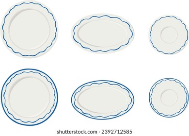 Dish plates with wavy blue line. Top view. Hand drawn  illustration vector.