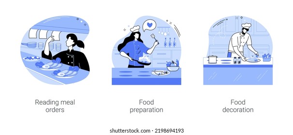 Dish preparation isolated cartoon vector illustrations set. Reading meal orders, managing kitchen, restaurant chef cooking food, culinary process, decorating a plate, staff working vector cartoon.