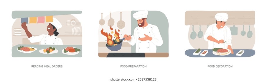 Dish preparation isolated cartoon vector illustrations set. Reading meal orders, managing kitchen, restaurant chef cooking food, culinary process, decorating a plate, staff working vector cartoon.