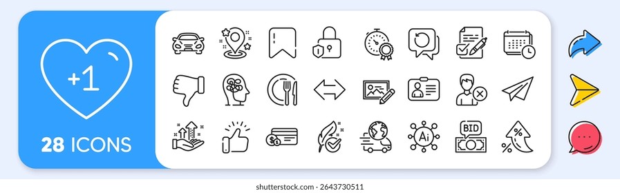 Dish, Remove account and Stress line icons. Interest rate, AI generate, Inflation icons. Pack of Sync, Car, Hypoallergenic tested icon. Lock, Paper plane, Voting ballot pictogram. Vector
