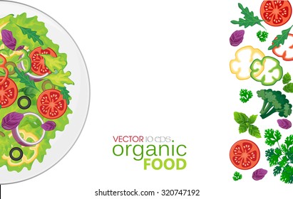 Dish with a salad of fresh vegetables and salad ingredients on a white background