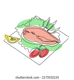 Dish salmon with salad lemon and tomatoes line art vector. Cooked food seafood and isolated one line illustration. Red trout fish steak with garnish