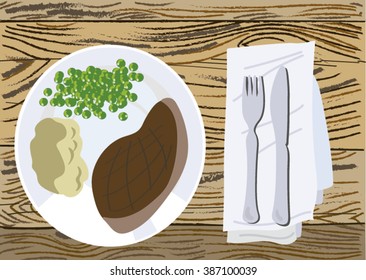 DIsh Set with Meat and Vegetables on Wooden Table.