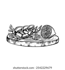 A dish of shrimp with lemon. Vector graphics with the image of cooked seafood. A black and white hand-drawn illustration of the dish. For a menu, poster, or label. For cooking recipes, invitations.