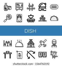 dish simple icons set. Contains such icons as Sticky rice, Buffet, Sausage, Dinner table, Antenna, Observatory, Restaurant, Shish kebab, Taco, can be used for web, mobile and logo