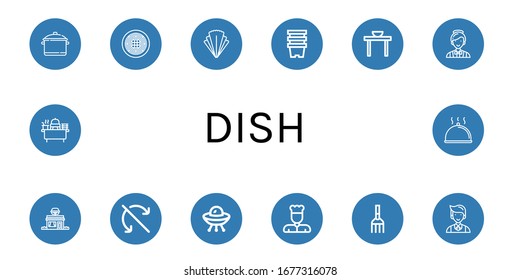 dish simple icons set. Contains such icons as Pot, Spaghetti, Salad, Pots, Dinner table, Catering, Restaurant, Do not roll, Ufo, Chef, Fork, can be used for web, mobile and logo