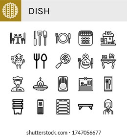 dish simple icons set. Contains such icons as Pie, Dinner table, Kitchen tools, Restaurant, Shish kebab, Chef, Cutlery, Buffet, Coffee table, can be used for web, mobile and logo