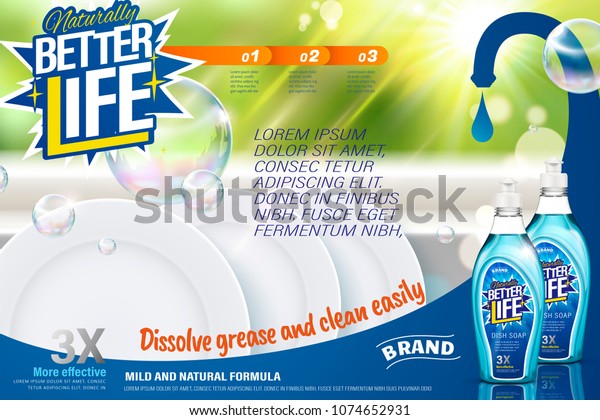 Dish soap ads,\
dishwashing liquid with clean dishes in sink and bubbles in 3d\
illustration, bokeh green\
background