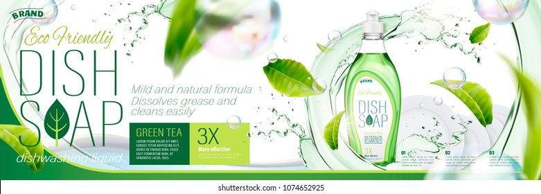 Dish soap ads, green tea dishwashing liquid with splashing water and flying leaves in 3d illustration