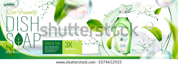 Dish soap ads, green tea\
dishwashing liquid with splashing water and flying leaves in 3d\
illustration