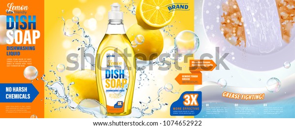 Dish soap ads, lemon dishwashing liquid with\
grease fighting effect, splashing water and half cleaning dish in\
3d illustration